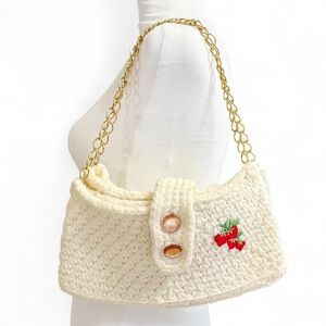 Chic Cream Crochet Bag with Cherry Embroidery